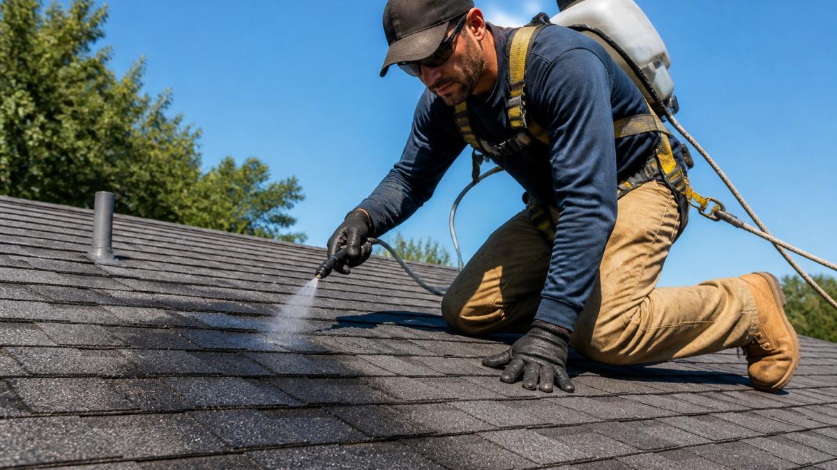 A roofing technician in work clothes and safety harness kneeling on an asphalt shingle roof, applying treatment with a spray wand while inspecting the shingle surface in bright daylight
