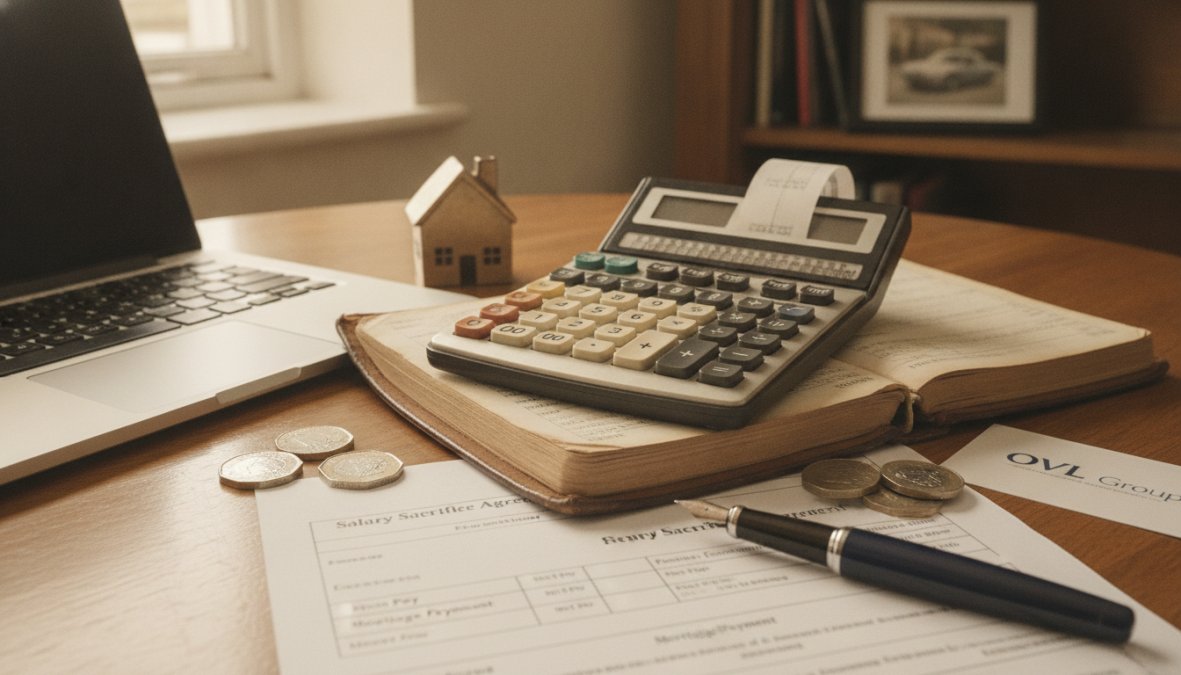 Professional reviewing mortgage application documents and pension statements at desk with financial calculator and laptop in modern office