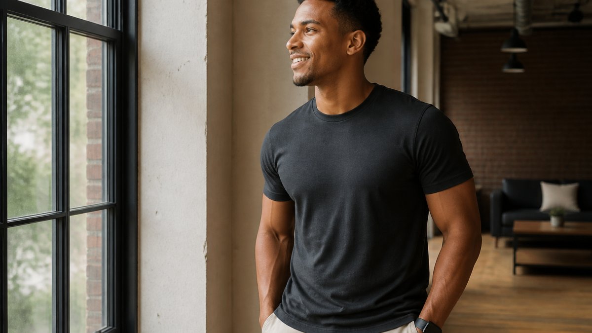 Person wearing a well-fitted, comfortable t-shirt that flatters their body shape, standing confidently in natural lighting with a relaxed, assured posture