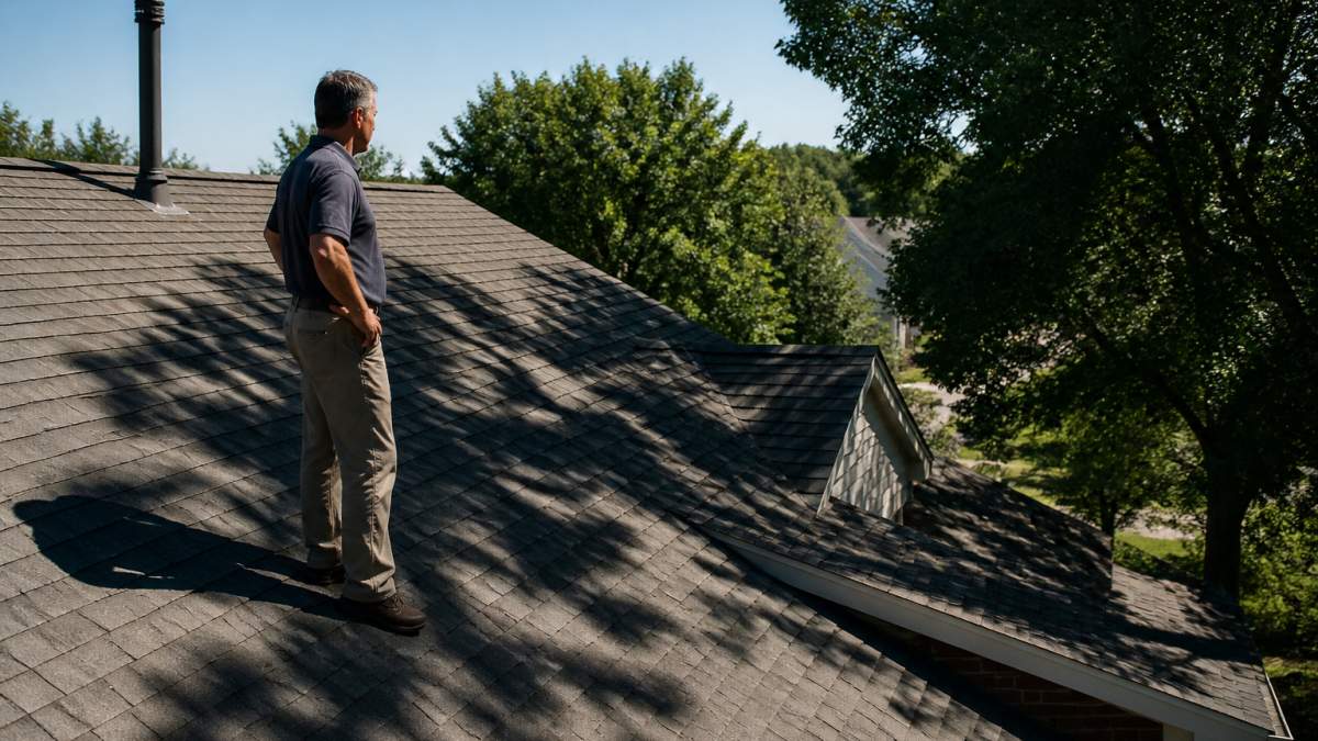 Homeowner standing on residential roof during midday observing shadow patterns cast by nearby trees and building edges across roofline, with clear sky visible