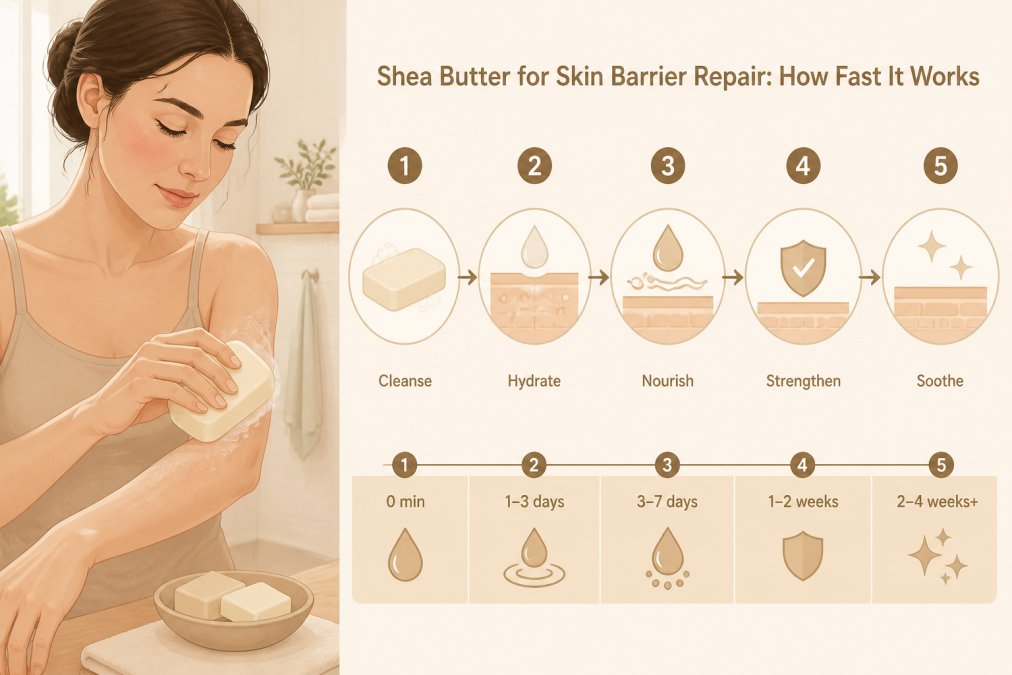 Close-up of a woman with sensitive skin gently applying a cold-process shea butter bar soap to her forearm in a bright bathroom, soft natural light, calm expression