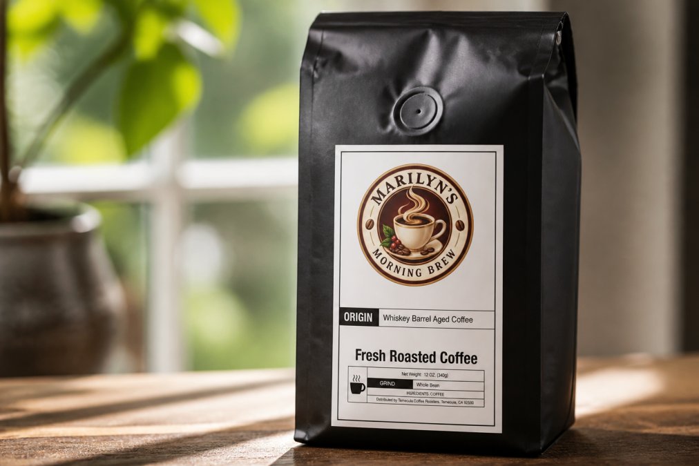 Close-up of freshly roasted coffee beans in a sealed bag with a one-way valve, showing rich brown color and visible oils glistening on the bean surface, morning light highlighting the texture