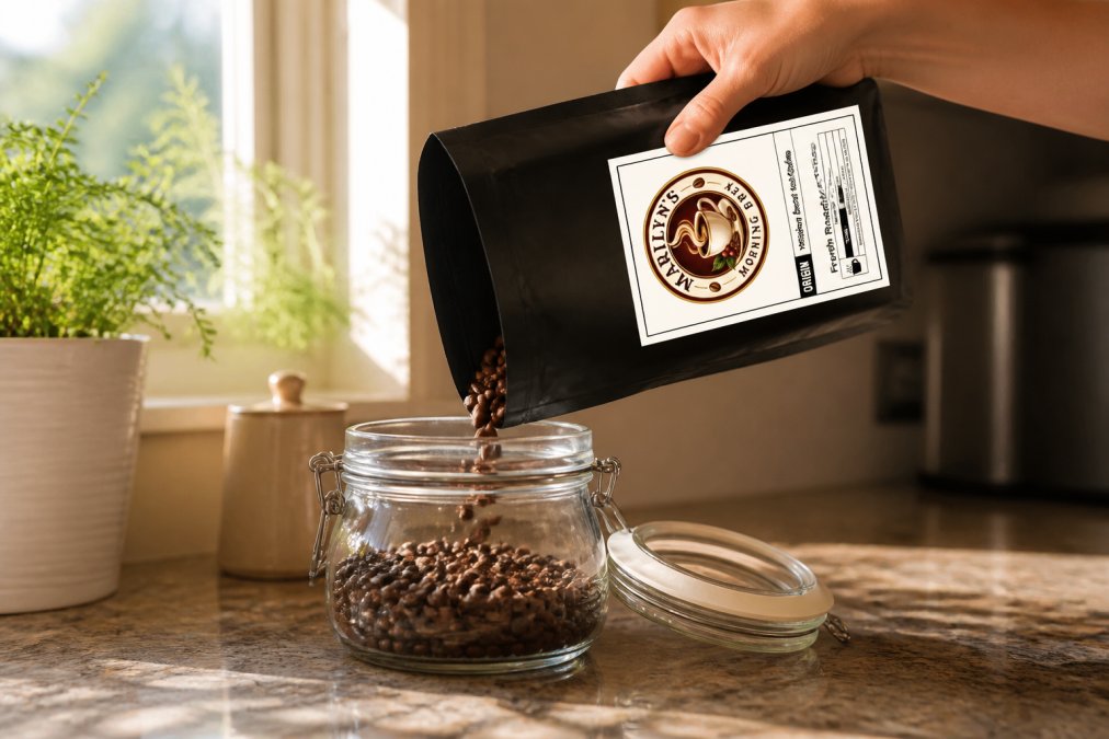 Hand placing an open bag of coffee beans into an airtight glass container on a kitchen counter, with warm morning light streaming through a nearby window, showing the beans' rich color