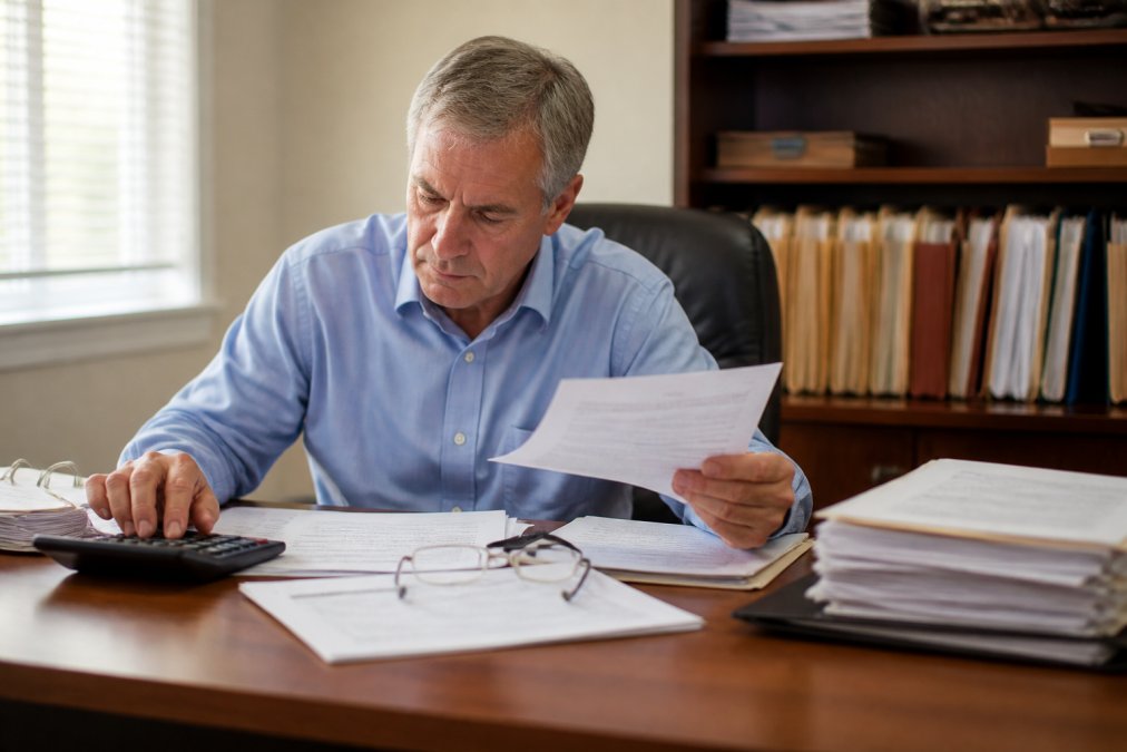 Professional reviewing tax documents and financial statements at a desk with calculator and reading glasses, organized file folders visible, natural office lighting from window