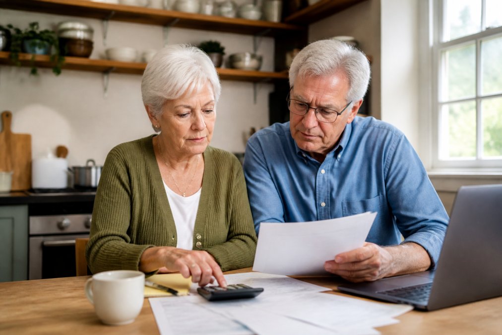 A relaxed senior couple sitting at a kitchen table reviewing financial documents and a calculator, with a laptop open nearby, warm natural light through a window