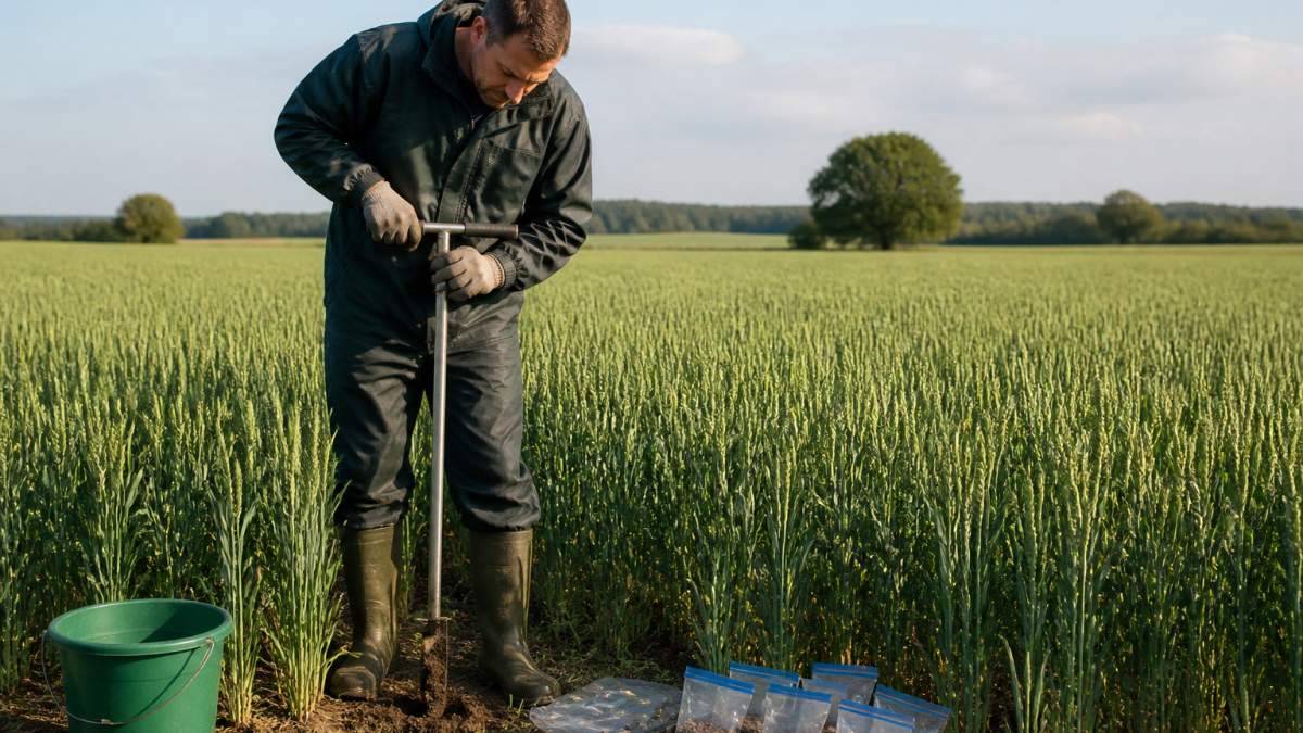 A farmer in waterproof clothing taking soil cores with an auger for soil testing in a wheat field.
