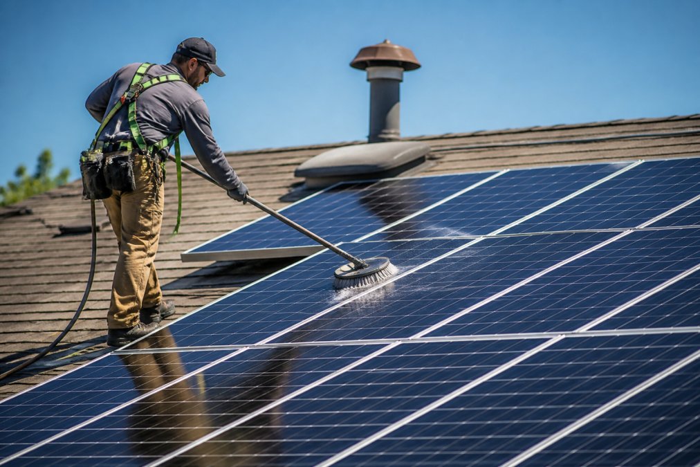 Professional wearing safety harness and protective gear carefully cleaning residential solar panels with soft-bristle brush and deionized water spray on roof