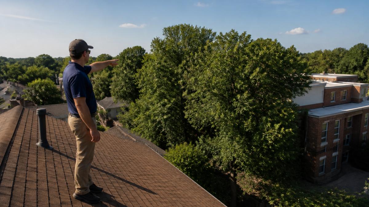 Homeowner standing on residential roof in afternoon sunlight, pointing toward trees and nearby buildings casting shadows on the west-facing side of the roof, with clear sky in the background