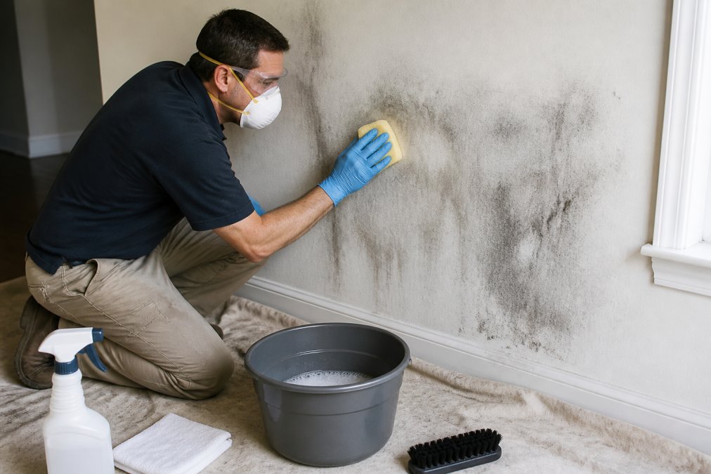 Person wearing safety gear scrubbing soot damage from a white wall with a soapy sponge and bucket