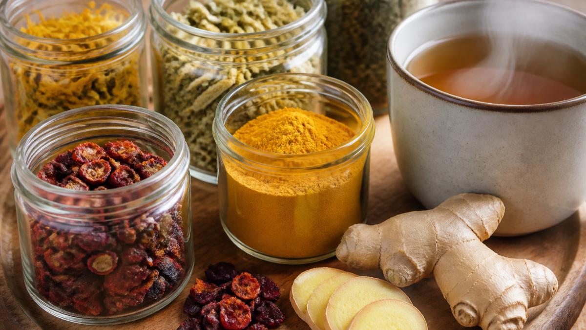 Close-up of loose-leaf herbal tea blends including ginger root slices, turmeric powder, dried chamomile flowers, and rose hip pieces arranged in glass jars on a wooden surface with a steaming ceramic cup nearby