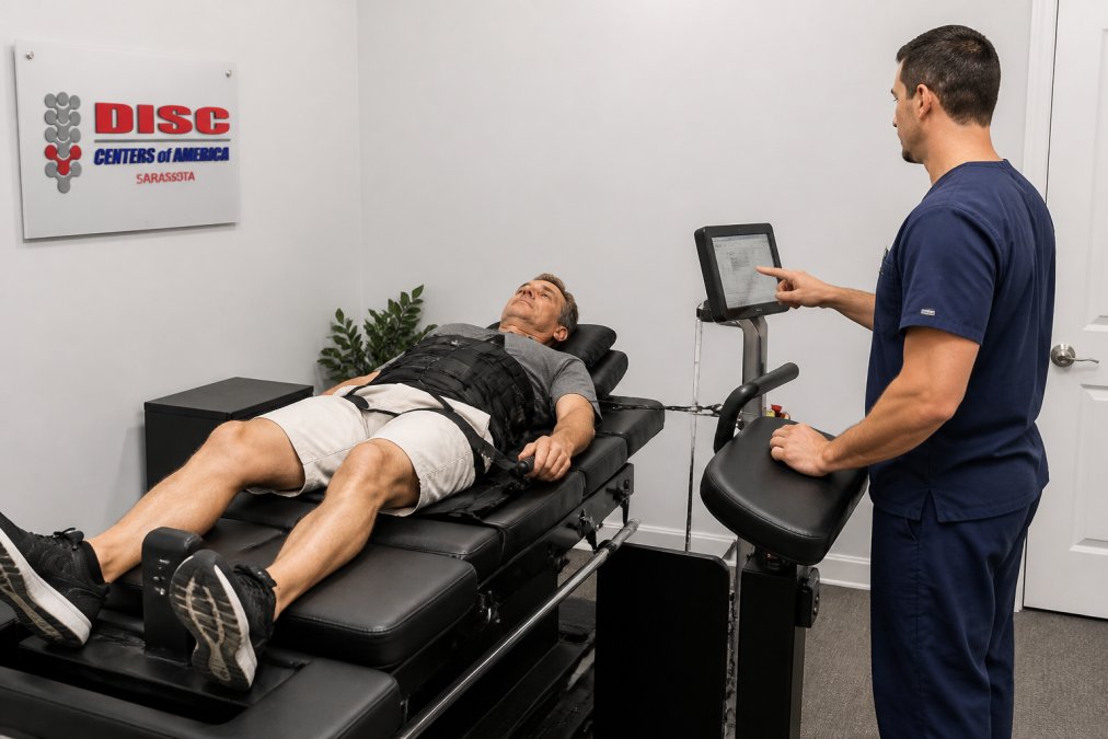 Patient lying on advanced spinal decompression therapy table with medical professional monitoring digital controls in modern clinical setting with soft overhead lighting