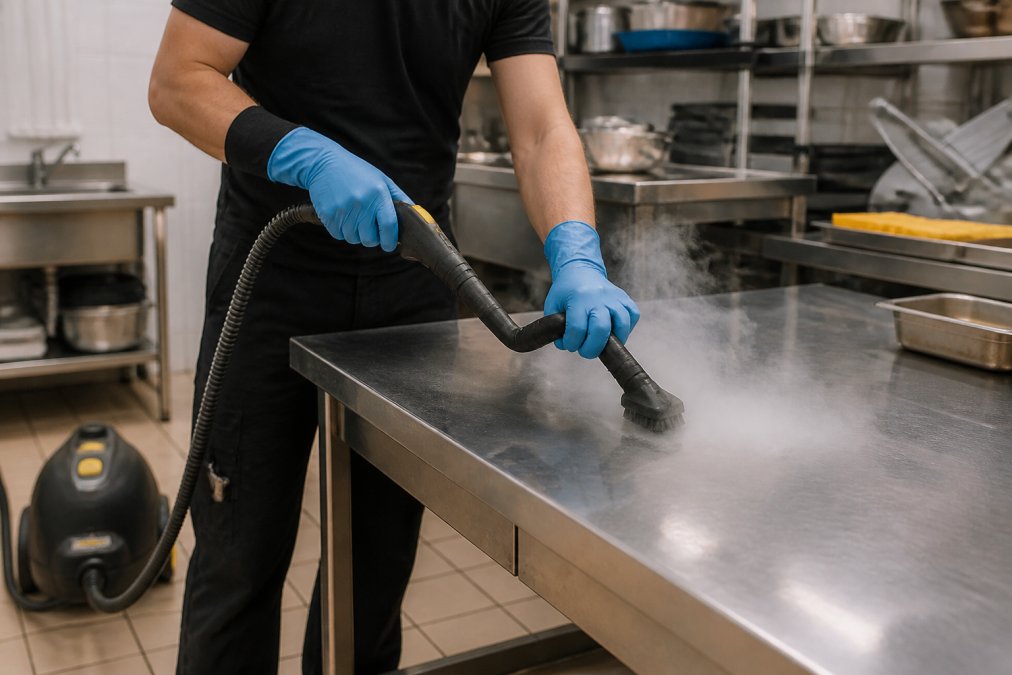 Does Steam Cleaning Kill Bacteria Effectively? 1 A professional cleaner in protective gloves using a commercial steam cleaner on a stainless steel kitchen work surface, with visible steam rising from the nozzle