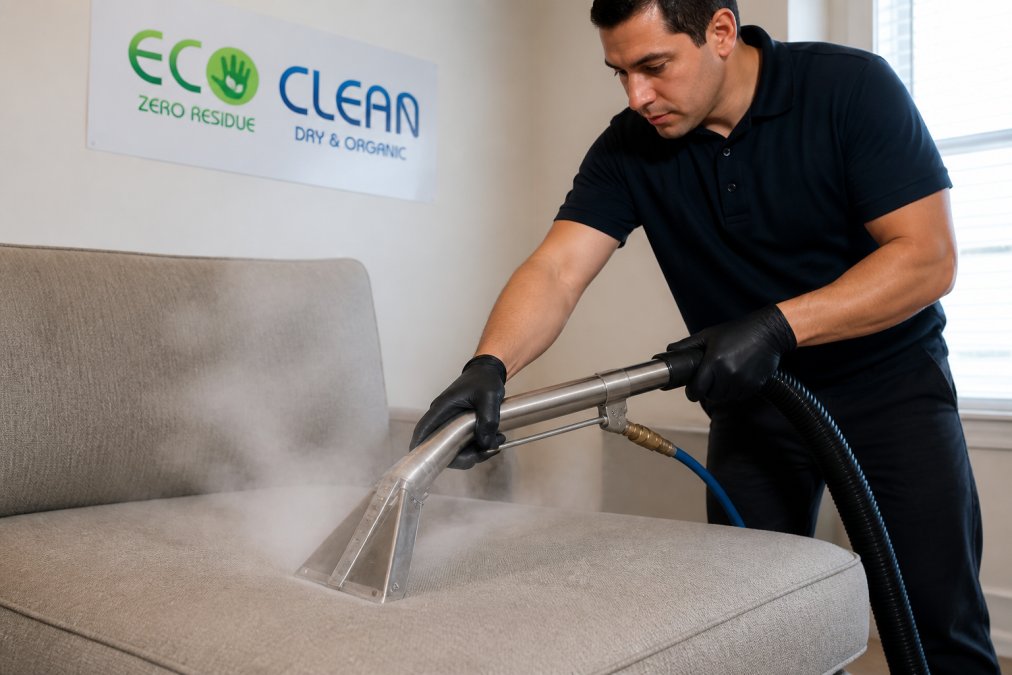 Professional demonstrating hot water extraction technique with steam wand applied to upholstery fabric, showing moisture penetration into carpet fibers under bright studio lighting