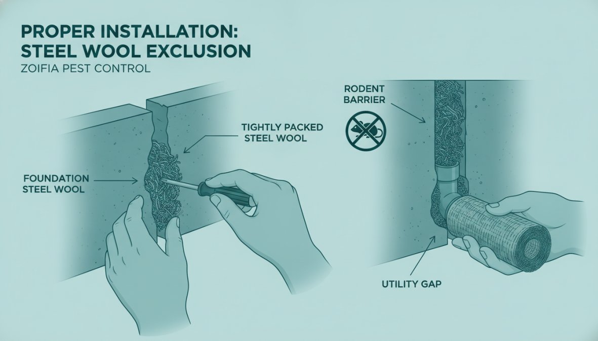 Close-up of hands firmly packing steel wool into a concrete foundation crack with a gloved hand, showing proper compression and density