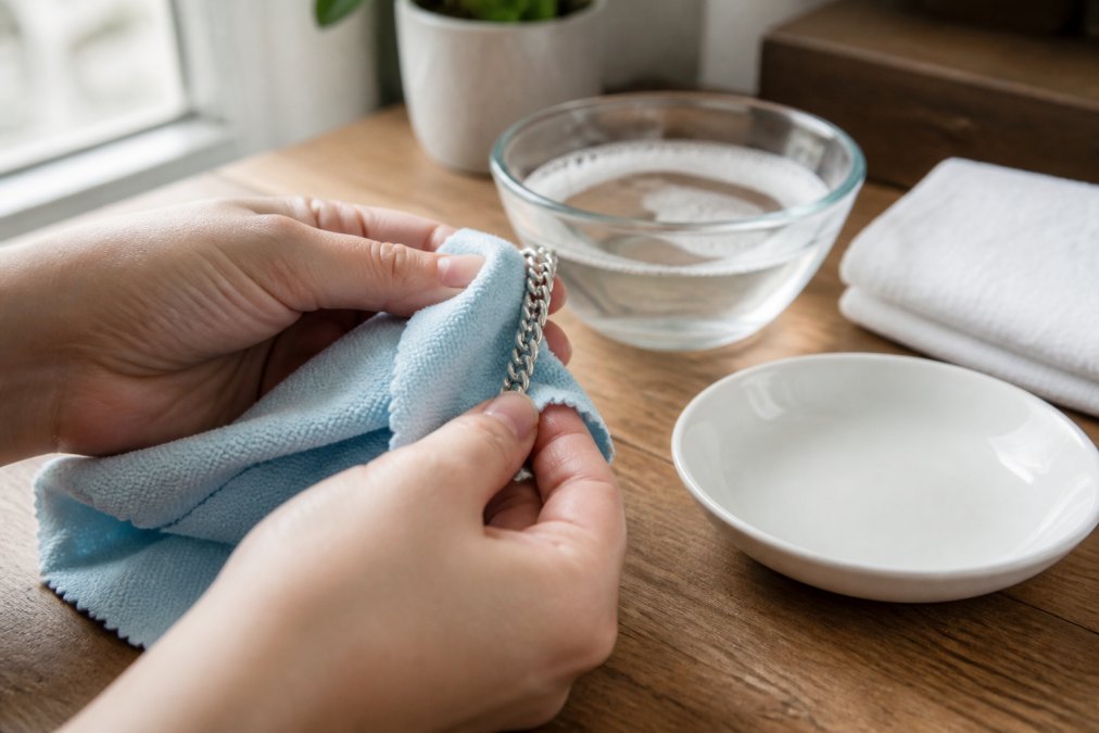 Close-up of hands gently polishing sterling silver jewelry with a soft microfiber cloth, with a small bowl of cleaning solution and a white ceramic dish on a wooden surface in natural window lighting
