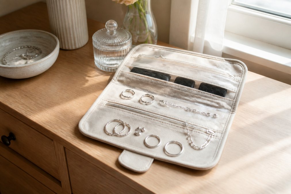 Sterling silver jewelry pieces organized in a soft velvet storage pouch with anti-tarnish strips visible inside, displayed on a light wooden dresser with natural sunlight streaming through a nearby window