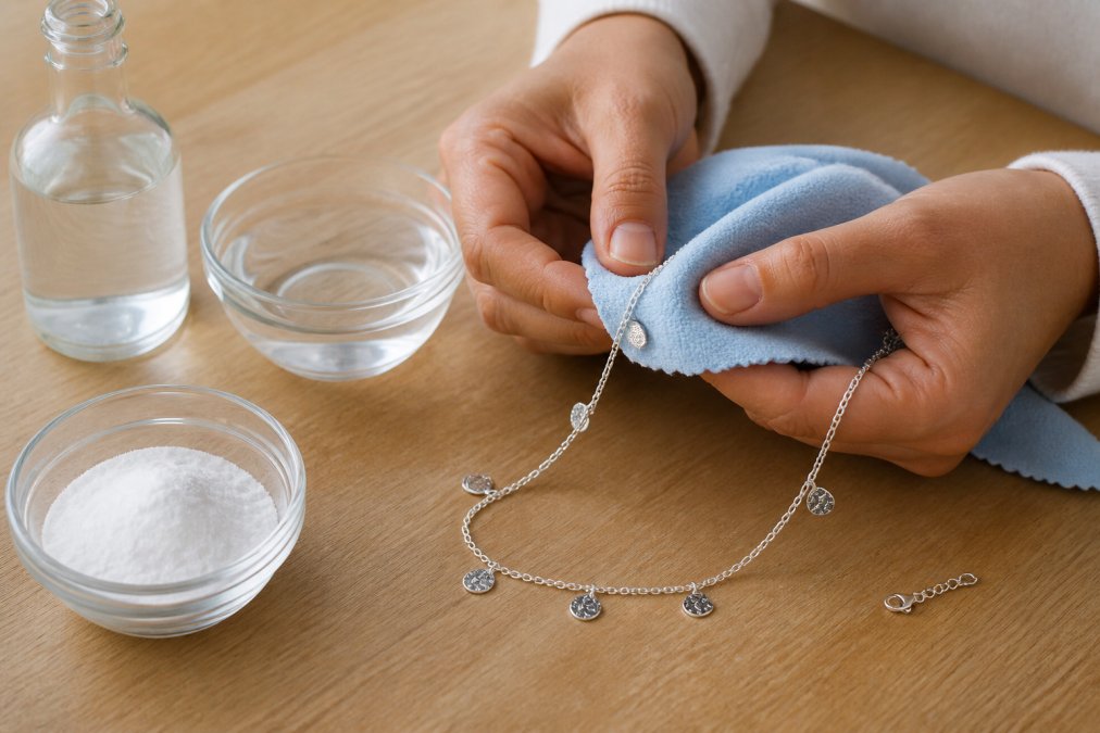 Hands gently polishing a sterling silver bracelet with a soft microfibre cloth, with baking soda, white vinegar, and a small bowl of water visible nearby on a wooden surface