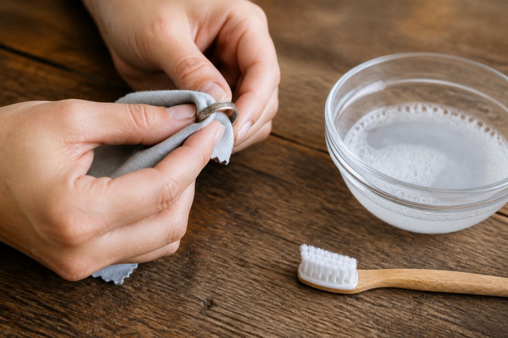 Close-up of hands polishing a sterling silver ring with a soft cloth on a wooden table, with a small bowl of soapy water and a soft-bristle brush nearby