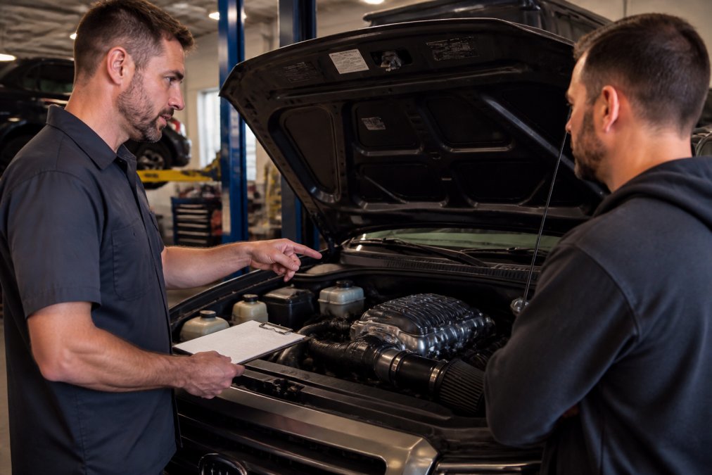 Service advisor at a dealership service department reviewing vehicle diagnostics on a computer screen with a customer present, pointing at data while discussing warranty coverage