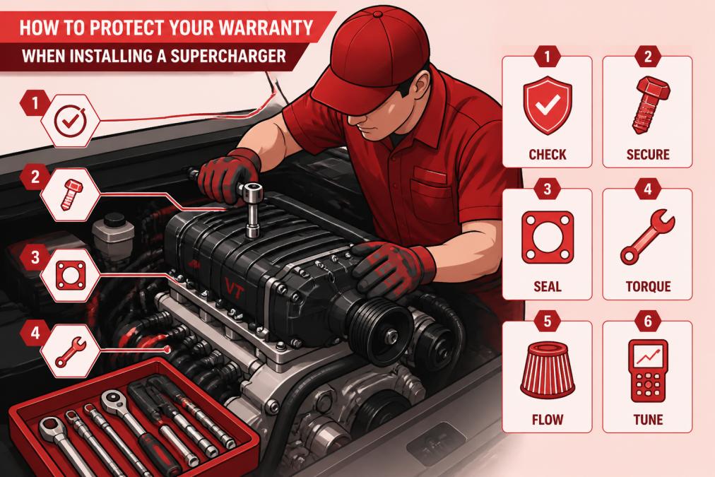 Technician installing a bolt-on supercharger kit on an engine in a garage, showing hands-on assembly work with proper tools and careful attention to fitment
