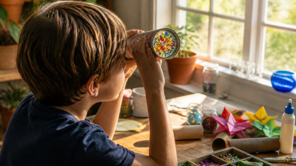 A child holding a handmade kaleidoscope up to a sunny window, colorful symmetrical bead patterns glowing inside, craft supplies and folded paper shapes scattered on a wooden table