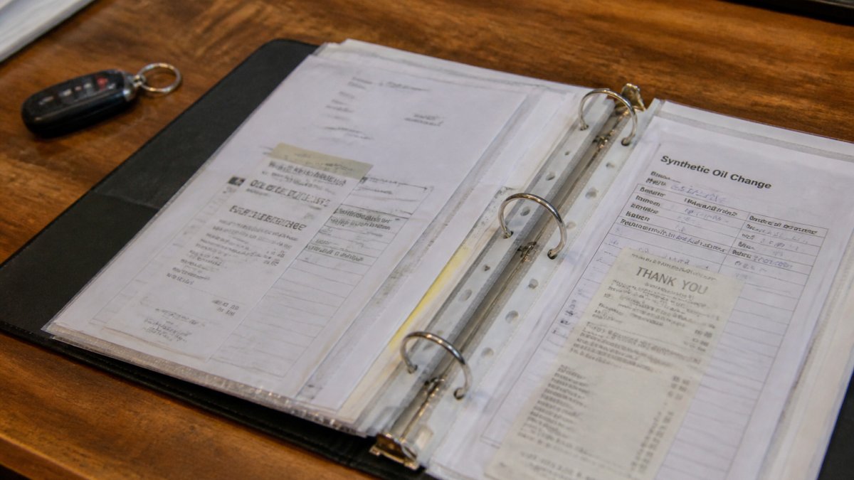 Close-up of organized maintenance records folder with synthetic oil change receipts, dates, and service documentation clearly visible on a wooden desk