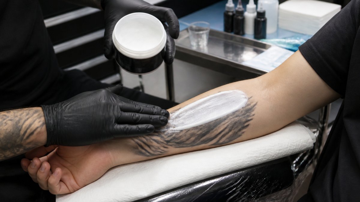 Professional demonstrating proper application of thick numbing cream to clean, prepped skin in preparation for a tattoo session, with natural clinical lighting