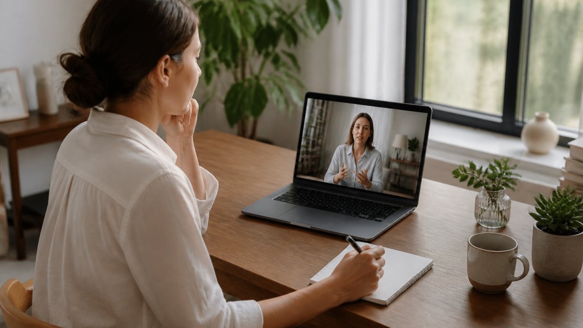 Person sitting in comfortable home office on video call with therapist visible on laptop screen, natural window lighting, calm focused expression, notebook nearby