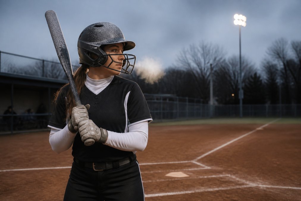 Softball player standing at home plate holding a bat covered in frost on a cold, overcast day