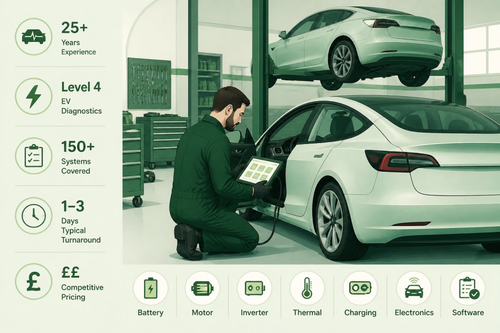 A skilled technician in clean workwear connecting a diagnostic tablet to a Tesla Model 3 in a bright, organised independent garage workshop in the UK, with tools neatly arranged and the car raised on a lift in the background