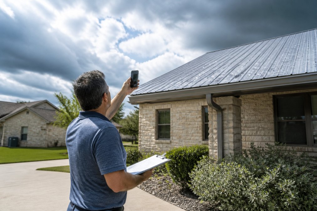 A homeowner in casual clothes standing in a driveway photographing dents on a metal roof and gutters with a smartphone, clipboard and pen in the other hand, storm clouds clearing overhead, suburban Texas home in the background