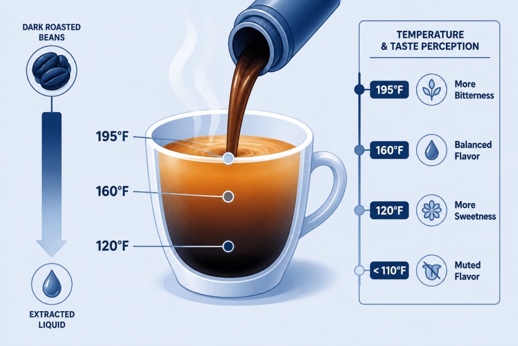 Close-up of specialty coffee being poured into a white ceramic cup with steam rising visibly, showing the thermal gradient from dark roasted beans to lighter liquid, warm natural lighting