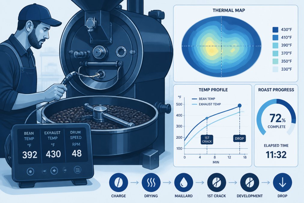 Professional roaster monitoring coffee beans in a drum roaster with precision thermal equipment visible, focused expression showing disciplined roasting environment with warm industrial lighting