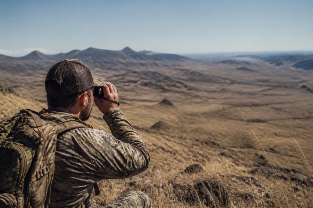 A hunter glassing with a thermal monocular from a ridge at midday, heat shimmer visible over dry grass and rocks in the foreground, wearing camo and a loaded backpack