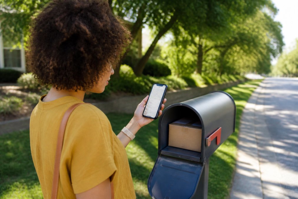Person holding a smartphone displaying a package tracking screen with real-time status updates and map, standing near a mailbox in a residential setting with natural daylight
