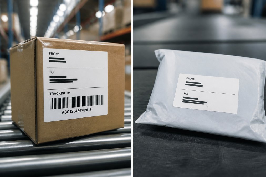 Close-up of a shipping label on a package with barcode and tracking number clearly visible, sitting on a conveyor belt in a logistics facility with industrial lighting