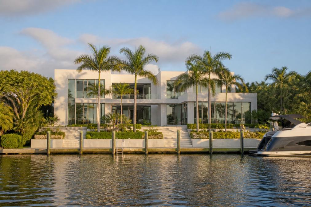 Does Travis Kelce Have a House in Boca Raton? 1 Luxury waterfront mansion in Boca Raton with pristine manicured landscaping, private dock extending into calm water, modern architecture with floor-to-ceiling windows, and natural afternoon sunlight reflecting off the property's marble facade