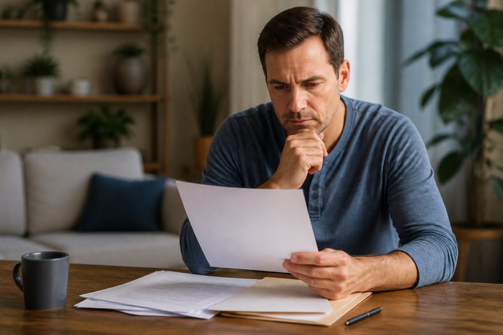 A man in his 40s reviewing health insurance documents at a desk with a laptop, looking concerned but thoughtful, in a home office setting
