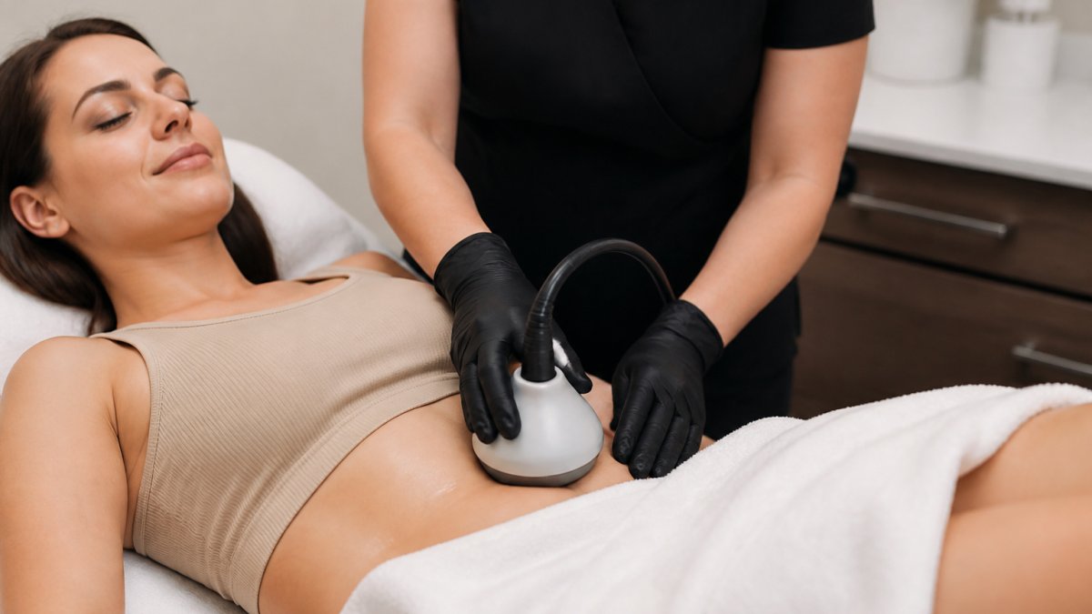 Practitioner performing ultrasonic cavitation on a patient's abdomen to see if it does ultrasonic cavitation really tighten