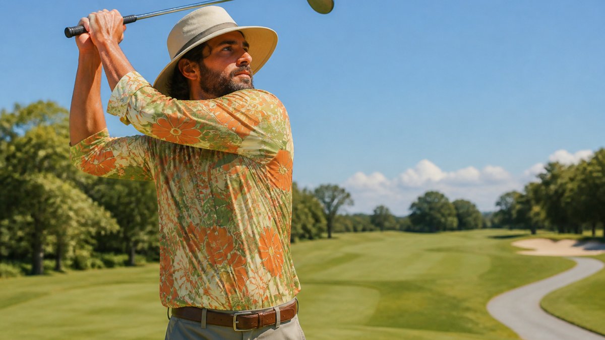 Golfer wearing vibrant retro-patterned UPF 50 button shirt and wide-brim boonie hat mid-swing on sunny golf course with clear blue sky and manicured fairway in background