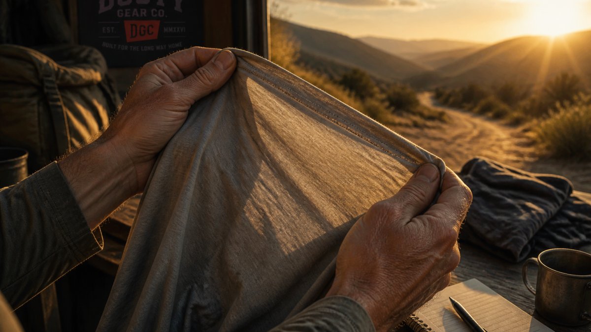 Close-up of weathered hands holding a well-worn UPF shirt up to bright sunlight, fabric slightly stretched, with a worn hiking trail and open sky blurred in the background