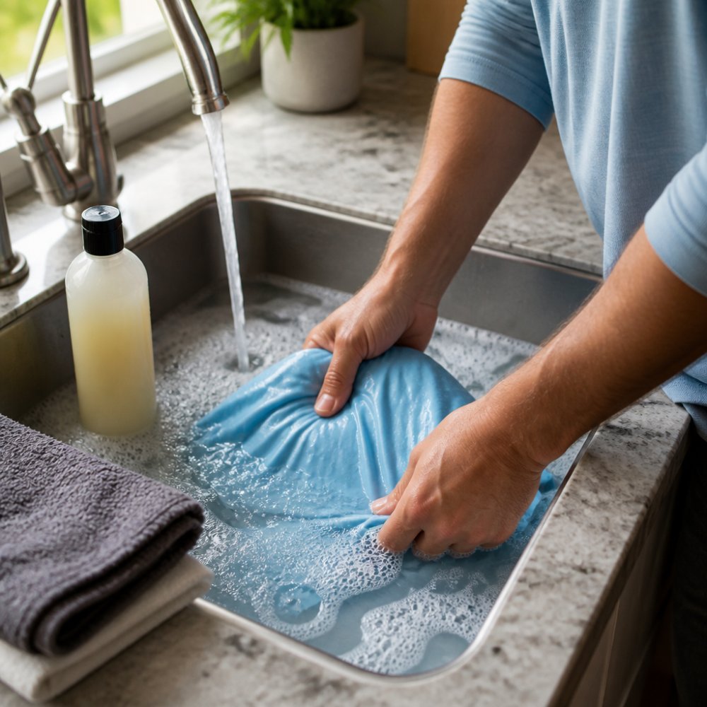 Angler carefully hand-washing a UPF fishing shirt in cool water with mild detergent, showing proper gentle technique in a sink with natural lighting