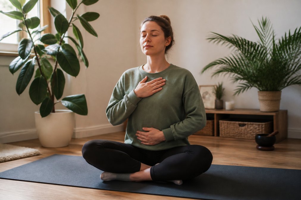 A person sitting cross-legged on a yoga mat in a bright, calm room, eyes closed and one hand resting on their chest, practicing slow diaphragmatic breathing