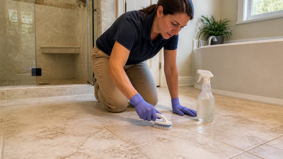 Homeowner scrubbing bathroom tile grout with a brush to see if vinegar damages the surface finish