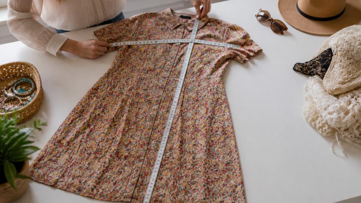 Person measuring a floral dress on a white surface to determine size