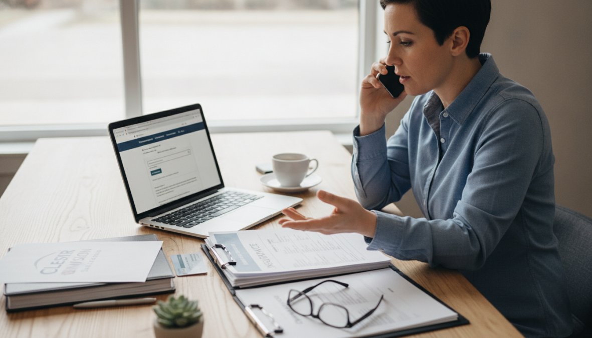 Professional woman on phone at desk with insurance documents, laptop, and notepad visible, natural office lighting