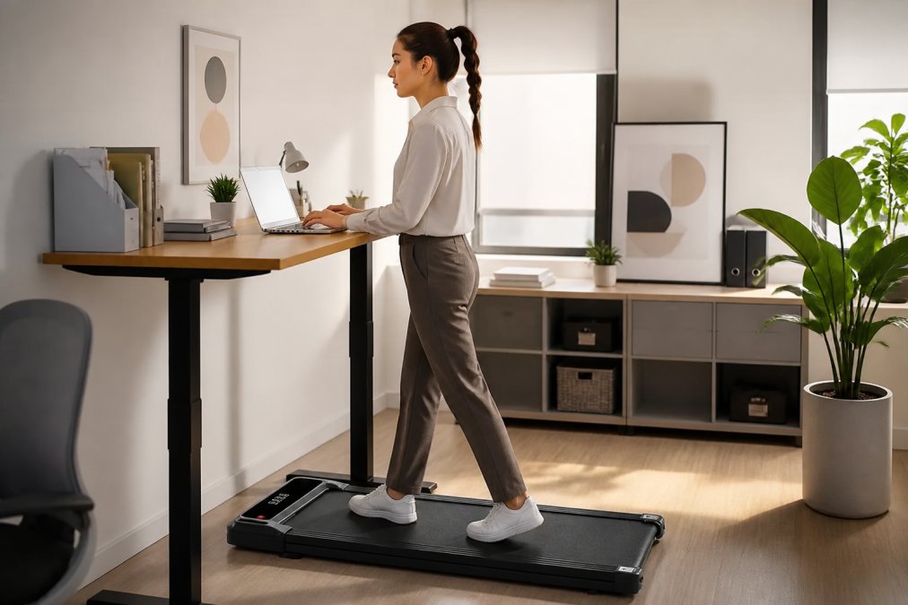 Professional demonstrating focused work at a desk with a foldable walking treadmill underneath, actively walking while typing with proper posture and engaged expression in a modern home office with natural lighting