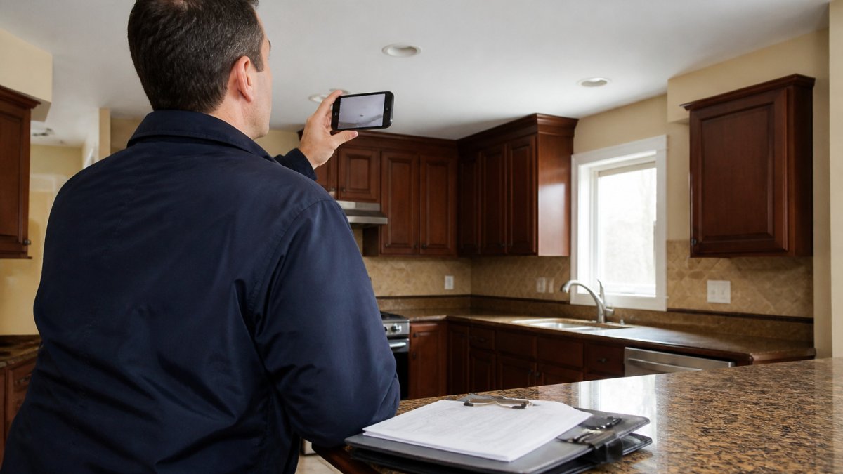 Homeowner documenting repaired ceiling and subfloor to show how water damage affects property value