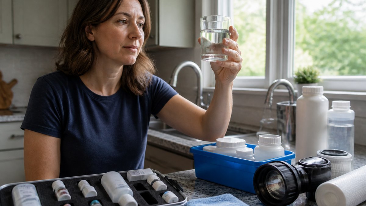 Homeowner collecting water sample in a clear glass from kitchen tap, examining the color and clarity in natural light near a window