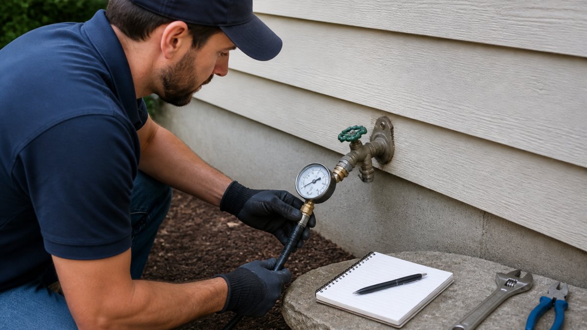 A homeowner attaching a pressure gauge to an outdoor hose bib to measure water pressure, with a notebook and pen nearby for recording readings